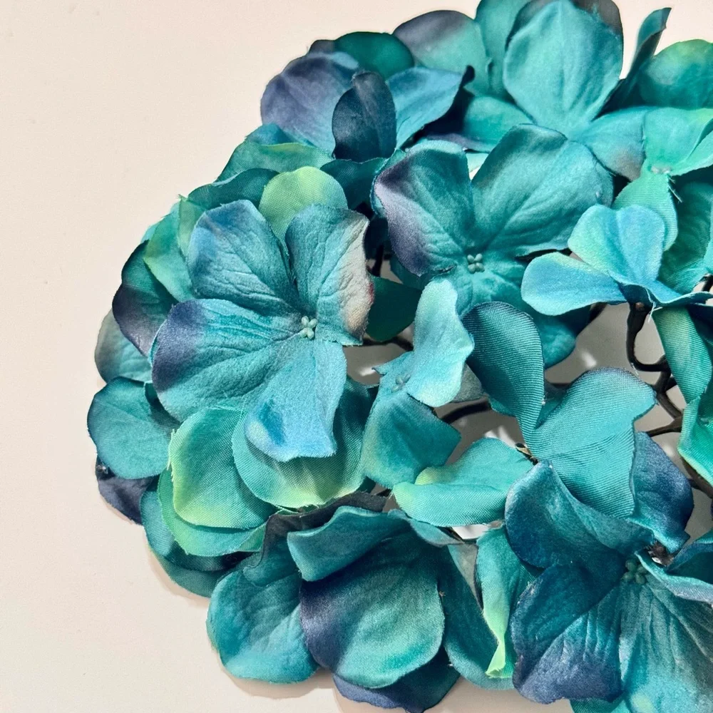 SHABBY CHIC 2 Teal Blue Hydrangea Stems Floral Arrangement Faux Flower Lifelike